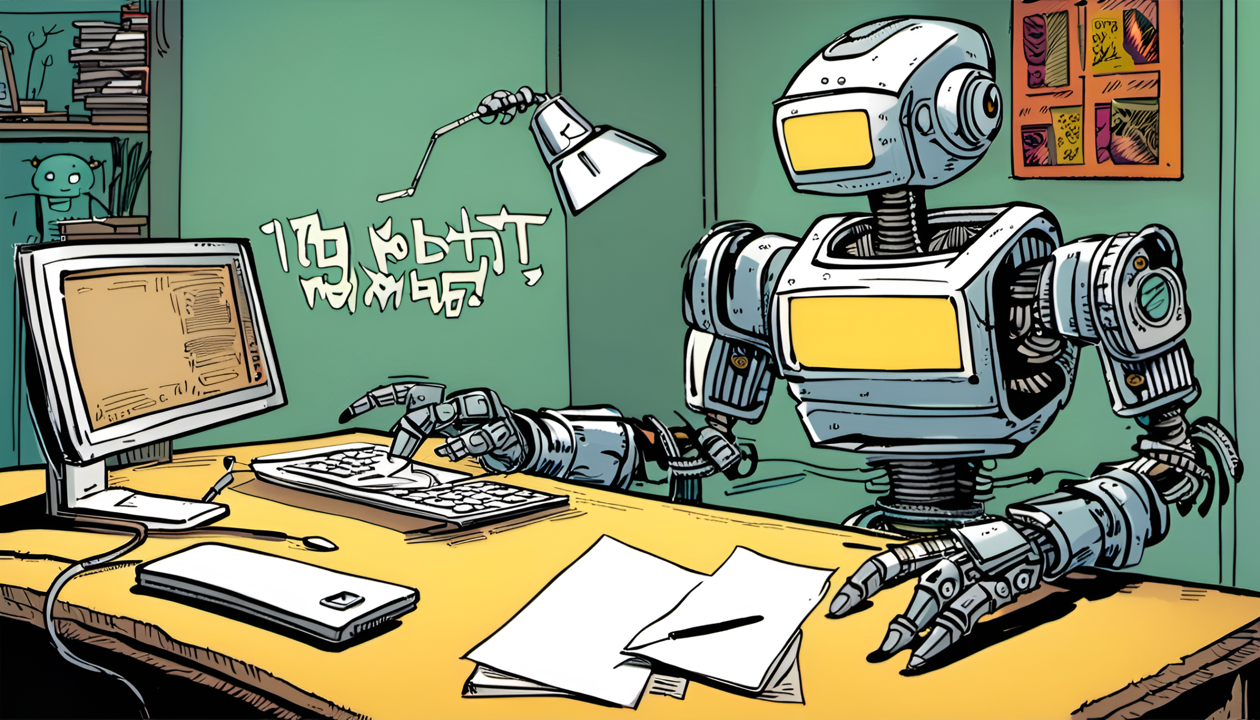 a robot uses a computer to write a text - imagined by DNA dreamt up by AI Dreamstudio.com