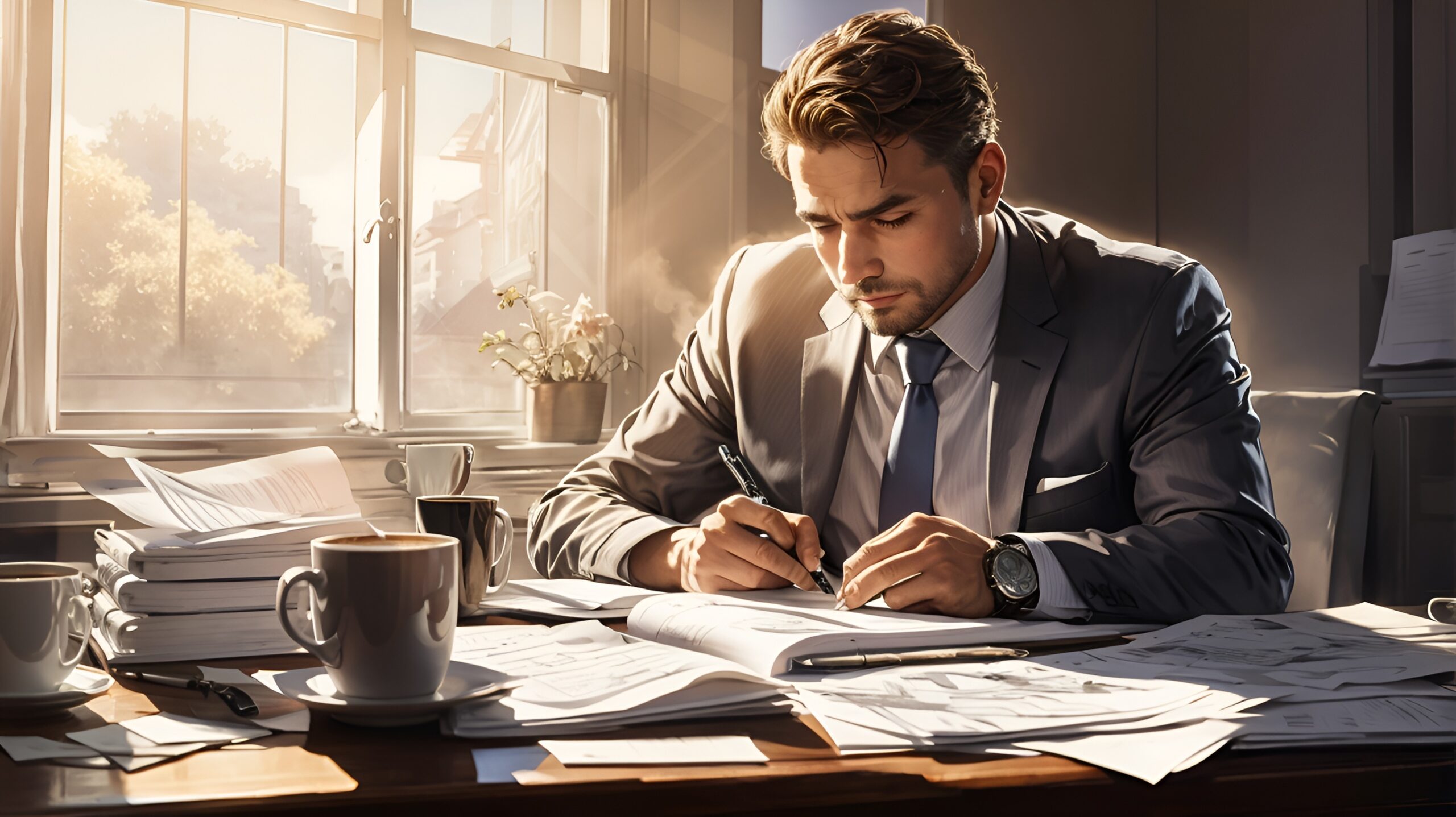 A determined business man illuminated by the morning - dreamt up by AI